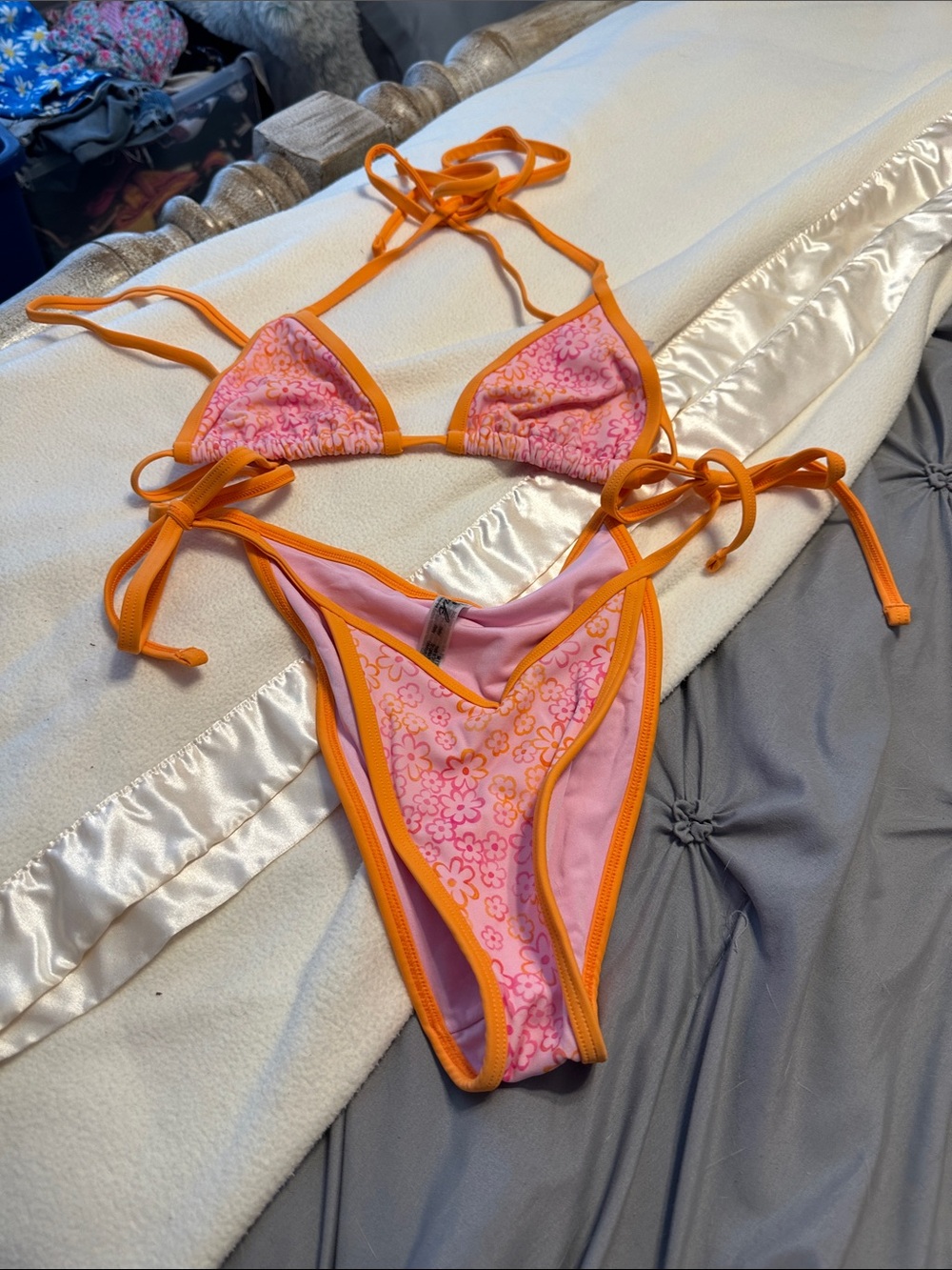PINK Victoria's Secret Pink Floral Triangle Bikini with Orange Trim